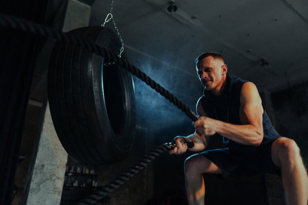 Strong muscular man exercising in dark gym with fighting ropes. Ropes for crossfit, crossfit exercises. Training hands with combat ropes. backlight.の写真素材