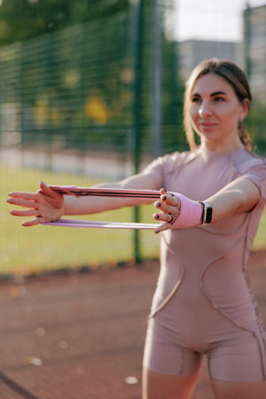 Young woman warming up and strengthening her arms with fitness band on the sports ground before training. Woman exercises outdoor. Physical training and healthy lifestyle.の写真素材