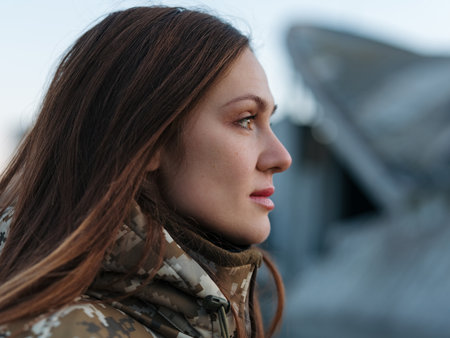 Portrait of Ukrainian woman soldier resting in park during her vacation. Women and war in Ukraine.Russian military invasion in Ukraine. Side viewの写真素材