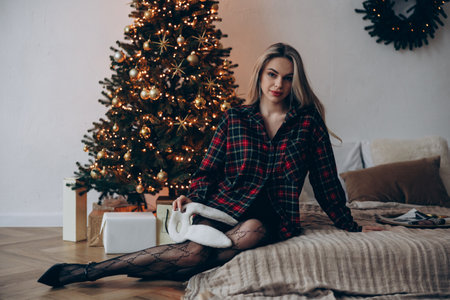 Young seductive woman sitting on bed in plaid shirt and holding bunny mask on her hand against background of glowing Christmas tree and wreath on the wall.の写真素材