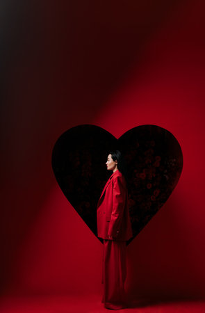 Girl in red pants and jacket posing on red background decorated by heart shape. Holiday party, birthday. Side viewの写真素材