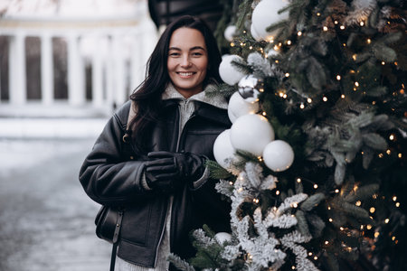 Young smiling woman in jacket and gloves standing on city street near Christmas tree decorated by glowing garlands and balls.の写真素材