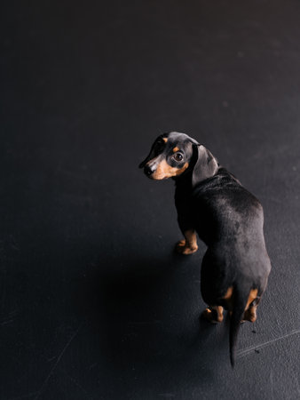 Top and back view to dachshund dog walking and looking back against dark background.の写真素材