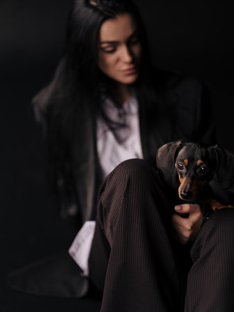 Young woman poses sitting and holding dachshund dog in her hands in studio against black background. Close-up.の写真素材