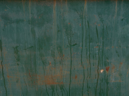 Close-up of weathered metal surface with green paint, rust stains, and streaks of oxidation. Rough texture and corrosion marks, industrial, aged look. Backgrounds, textures, and abstract themes.の写真素材