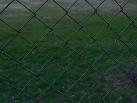 Close-up of rusted fence from wire mesh with grass and lawn in the background. Texture of metal wire mesh, metal fence, wire texture, fence background.の写真素材