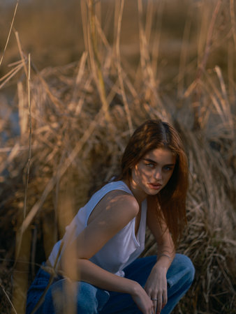 Young brunette woman in white tank top and jeans sitting and relaxing among dry reed. Close-up.の写真素材
