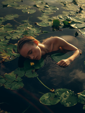 Young woman floating in pond and relaxing in water among leaves and flowers of yellow water lilies. Backlight. Close-up. Summer mood, relaxation, and natural beauty.の写真素材