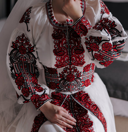 Ukrainian bride in traditional red and white embroidered Vyshyvanka dress, showcasing rich ethnic...