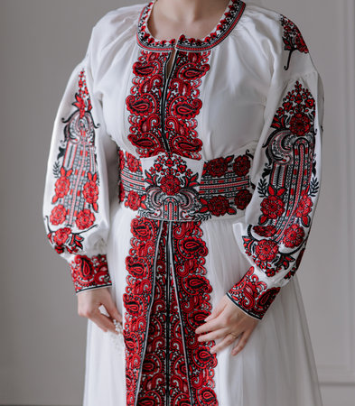 Detailed vertical shot of traditional Ukrainian Vyshyvanka dress, showcasing rich red and black...