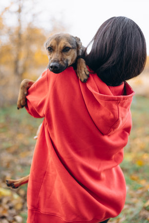Vertical shot of a woman in red hoodie carrying a mixed-breed rescue dog on her shoulder outdoors in an autumn setting.の写真素材
