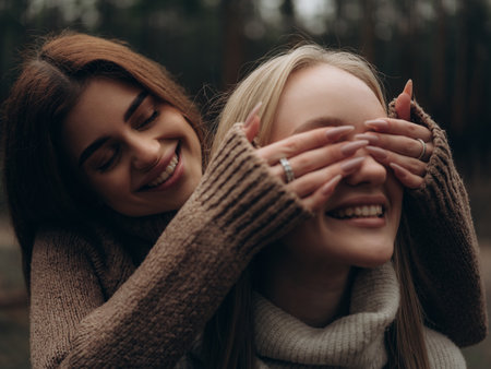 Close-up happy lesbian couple playing outdoors, one woman covering partners eyes with hands. Authentic fun, joy, carefree moment, and emotional connection in diverse LGBT relationships.の写真素材