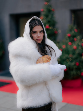 Close up portrait thoughtful young woman in white winter coat and mittens looking at camera, holding roll on street against Christmas decorations.の写真素材