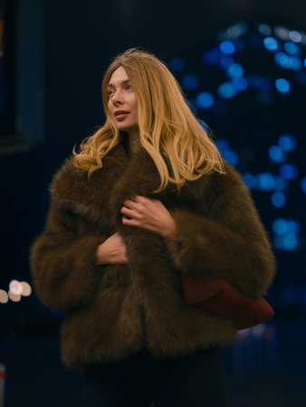 Blonde woman in a warm fur coat holding the collar, posing outdoors at night with dark background and vibrant blue bokeh lights.の写真素材