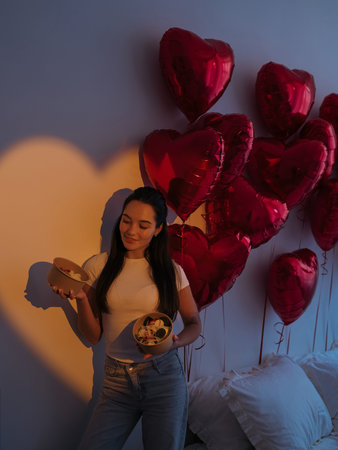 Beautiful young woman holding paper containers with healthy takeaway food delivery standing near red...