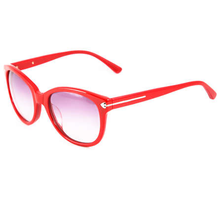 Sun goggles and glasses for vision in red frames. Red glasses frames on white backgroundの写真素材
