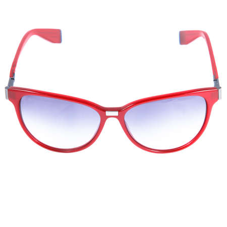 Sun goggles and glasses for vision in red frames. Red glasses frames on white backgroundの写真素材