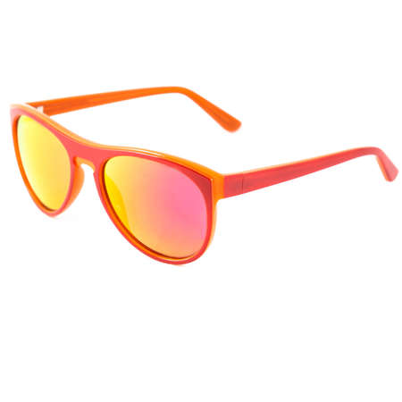Sun goggles and glasses for vision in red frames. Red glasses frames on white backgroundの写真素材