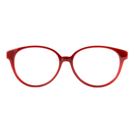 Sun goggles and glasses for vision in red frames Red glasses frames on white backgroundの写真素材