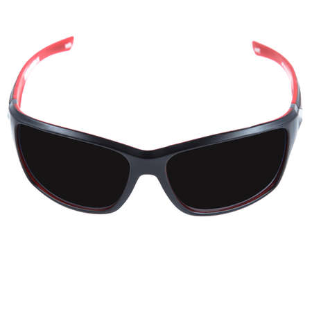 Sun goggles and glasses for vision in red frames Red glasses frames on white backgroundの写真素材