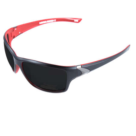 Sun goggles and glasses for vision in red frames Red glasses frames on white backgroundの写真素材
