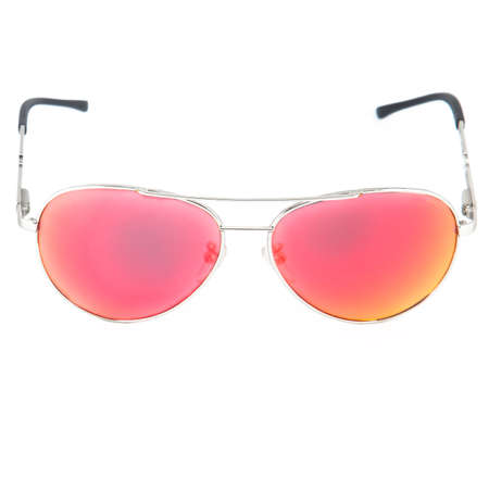 Sun goggles and glasses for vision in red frames Red glasses frames on white backgroundの写真素材