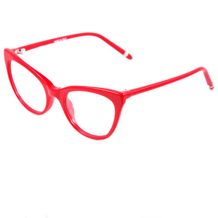 Red glasses frames on white background. Sun goggles and glasses for vision in red frames.の写真素材