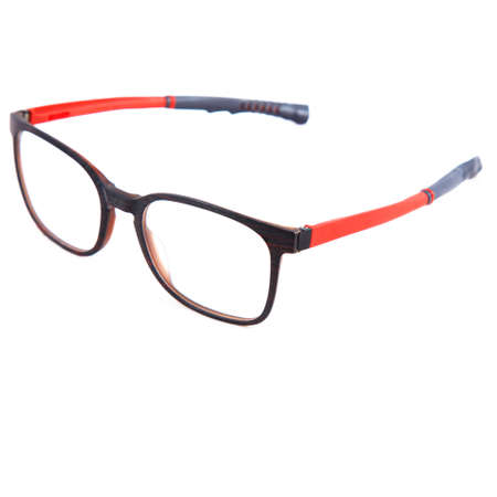 Red glasses frames on white background. Sun goggles and glasses for vision in red frames.の写真素材