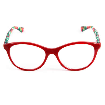 Red glasses frames on white background. Sun goggles and glasses for vision in red frames.の写真素材