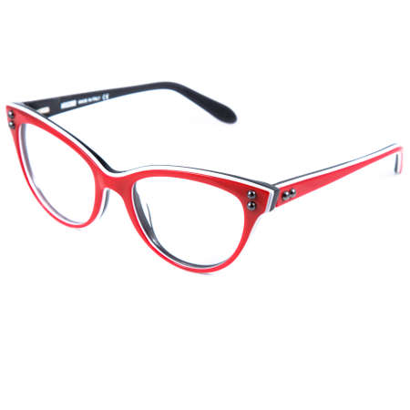 Red glasses frames on white background. Sun goggles and glasses for vision in red frames.の写真素材
