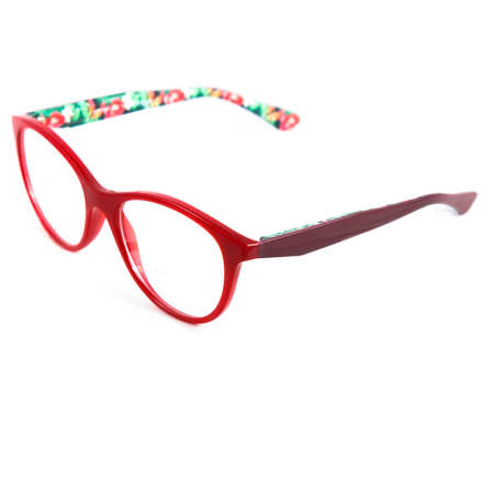 Red glasses frames on white background. Sun goggles and glasses for vision in red frames.の写真素材
