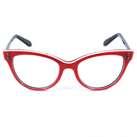Red glasses frames on white background. Sun goggles and glasses for vision in red frames.の写真素材