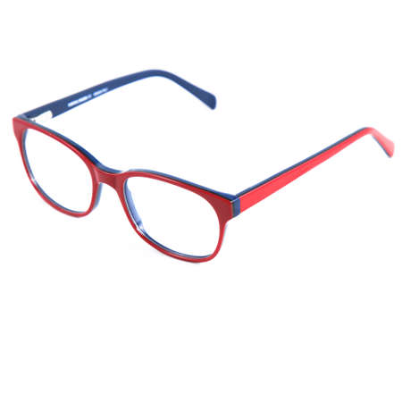 Red glasses frames on white background. Sun goggles and glasses for vision in red frames.の写真素材