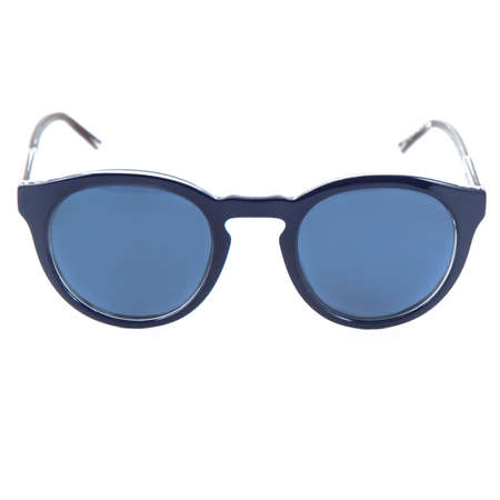 blue sunglasses frames on white background. Sun goggles and glasses for vision in blue frames.の写真素材