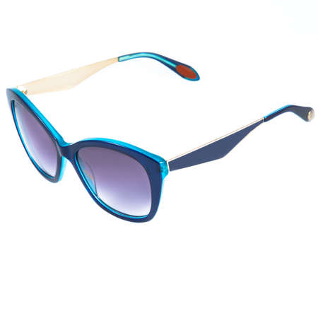 blue sunglasses frames on white background. Sun goggles and glasses for vision in blue frames.の写真素材