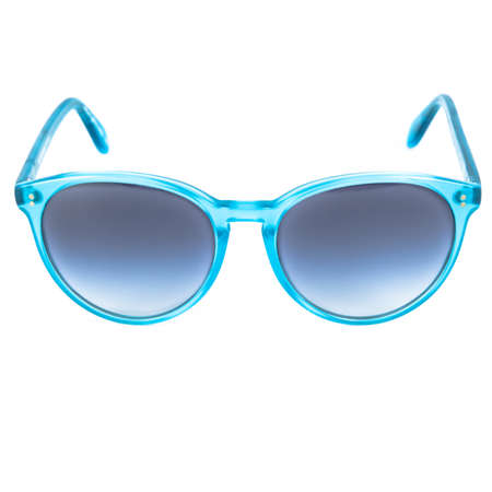 blue sunglasses frames on white background. Sun goggles and glasses for vision in blue frames.の写真素材