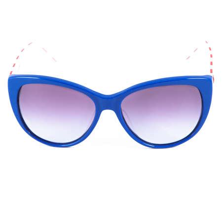 blue sunglasses frames on white background. Sun goggles and glasses for vision in blue frames.の写真素材