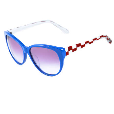 blue sunglasses frames on white background. Sun goggles and glasses for vision in blue frames.の写真素材