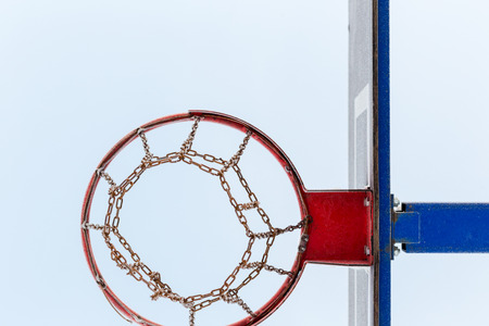 Frost on a street basketball hoop in the winterの写真素材