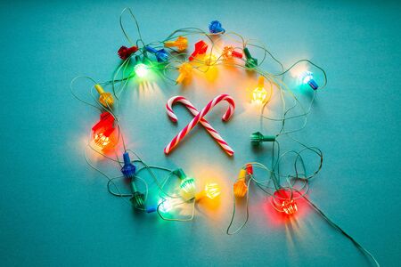 Christmas decorations, candy canes and garlandの写真素材