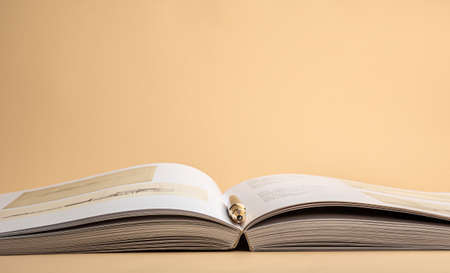 ballpoint pen lies on the spread of the bookの写真素材