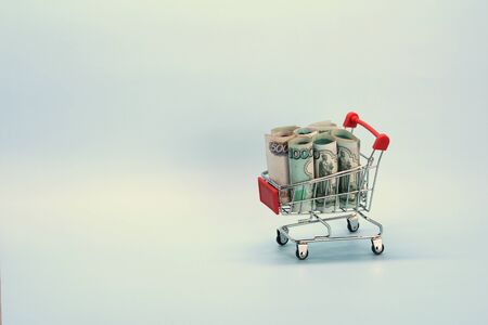 Shopping cart with Russian money. Paper bills and a souvenir shopping basket.の写真素材
