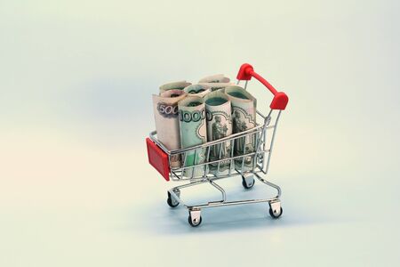 Shopping cart with Russian money. Paper bills and a souvenir shopping basket.の写真素材