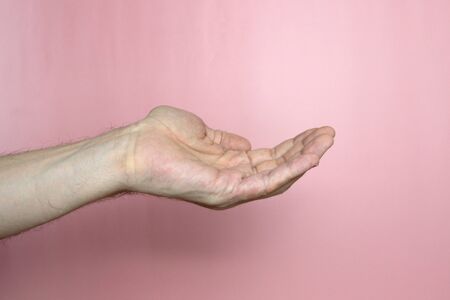 Male hand with fair skin shows a gesture, hand on a light pink background. Open palm outstretched, sign of forgiveness, humility, alms. Stock photo for web and print.の写真素材