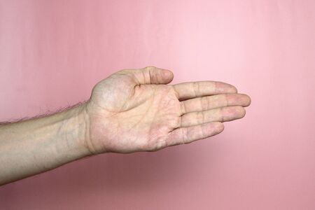 Male hand with fair skin shows a gesture, hand on a light pink background. Open hand, with pressed fingers, side view. Stock photo for web and print.の写真素材