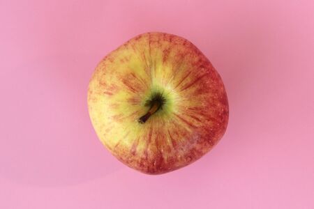 Red yellow apple on a pink background. Juicy ripe beautiful fruit.の写真素材