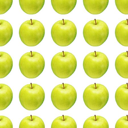 Pattern of green apples on a white background. Isolated fruits. Image for fabric, wallpaper and wrapping paper.の写真素材