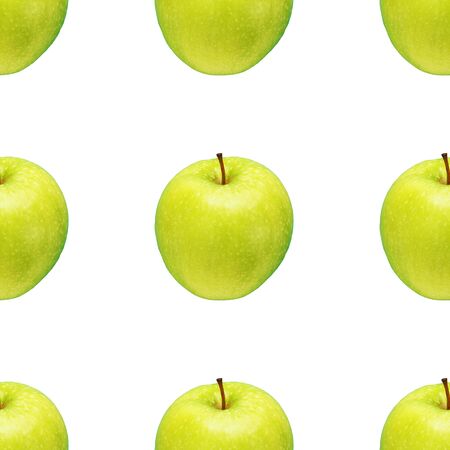 Pattern of green apples on a white background. Isolated fruits. Image for fabric, wallpaper and wrapping paper.の写真素材