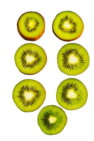 Set of slices of juicy green kiwi fruit isolated on white background.の写真素材