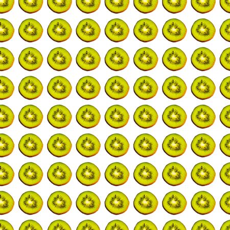 Seamless endless pattern of juicy green slices of kiwi fruit isolated on white background. Design for wrapping paper, fabric and wallpaper.の写真素材